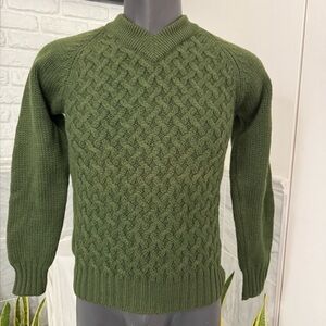 100% wool Men's Green Cable Knit Sweater with unusual knitting.
